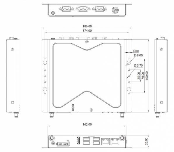 Dimensions du PC Fanless industriel NISE 50 J1900 de chez Nexcom