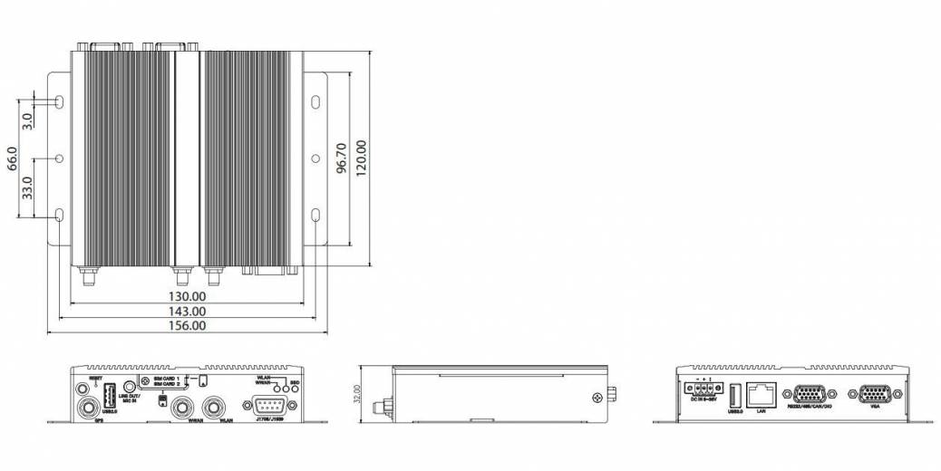 Dimensions du PC sans ventilateur embarqué véhicule VTC 1910-S de chez Nexcom