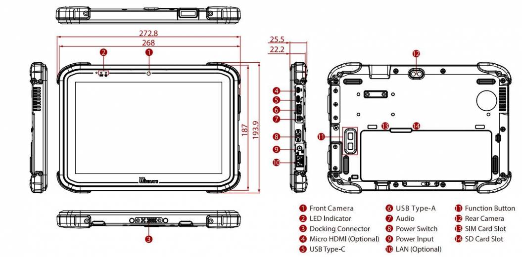Dimensions de la tablette durcie S101 de chez Winmate