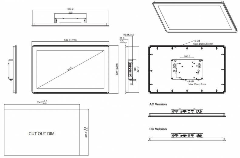 Dimensions du Moniteur industriel sans ventilateur P6217W-V3