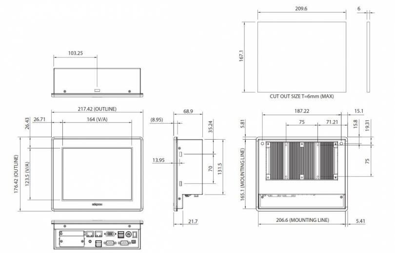 Dimensions du Panel PC industriel sans ventilateur APPC 0840T de chez Nexcom