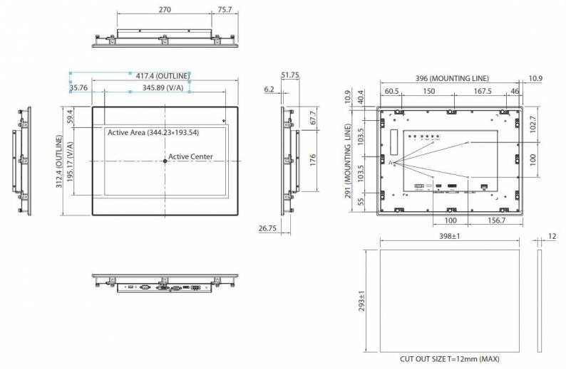 Dimensions du moniteur industriel IPPD 1600P de chez Nexcom avec écran 15,6"