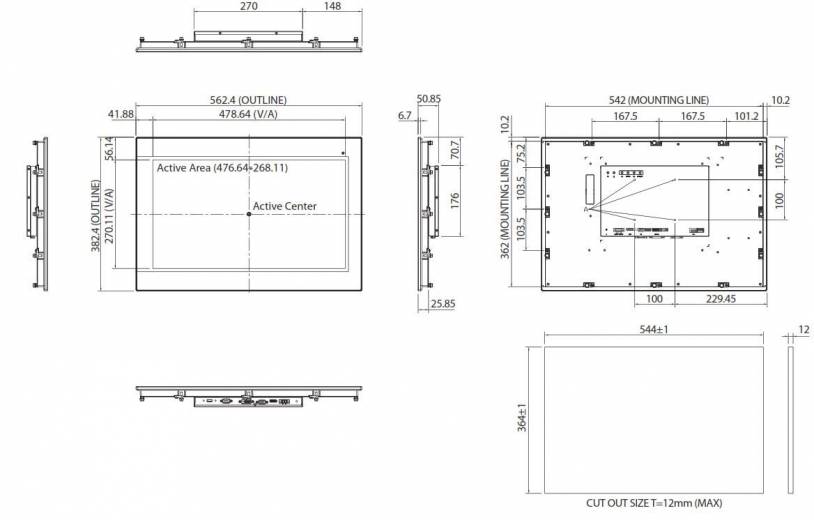 Dimensions écran industriel sans ventilateur IPPD 2100P de chez Nexcom