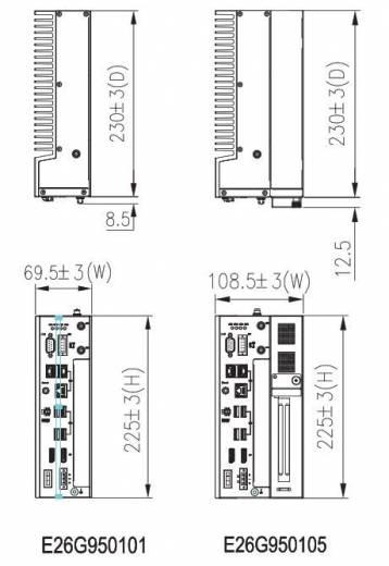 Dimensions Box PC industriel sans ventilateur IPC950 de chez Axiomtek