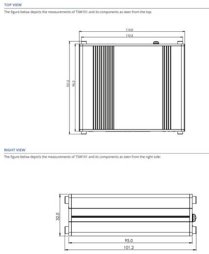 Dimensions du switch industriel PoE+ et dédié véhicule TSW101