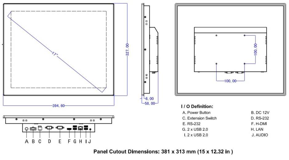 Dimensions du Panel PC industriel ANDROID IPS-PPC-R017SAC
