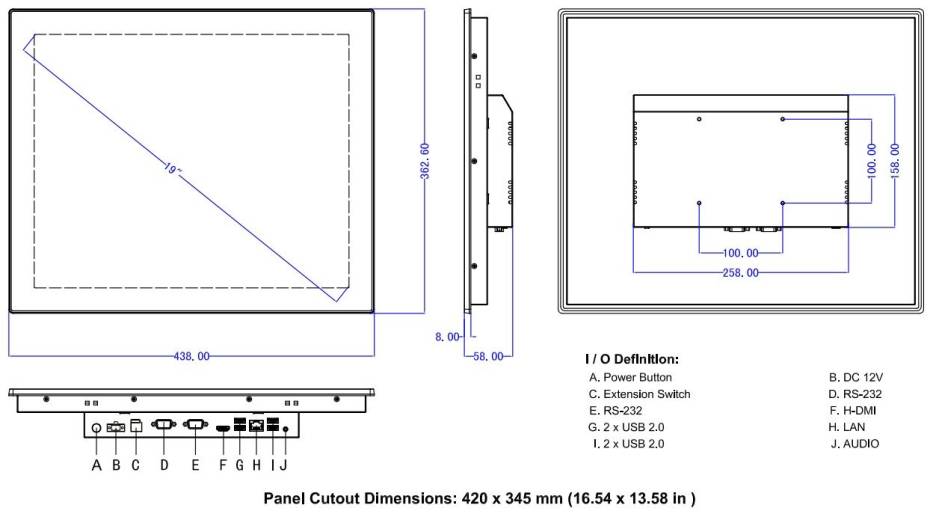 Dimensions Panel PC Android IPS-PPC-RS019SAC