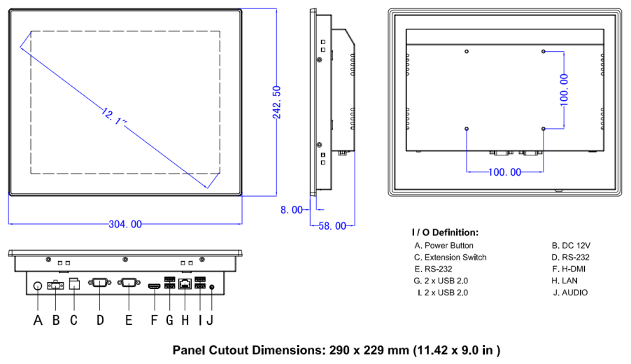 Dimensions du Panel PC Android IPS-PPC-R012SAC