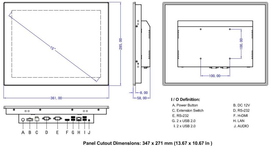 Dimensions du Panel PC Android IPS-PPC-R015SAC
