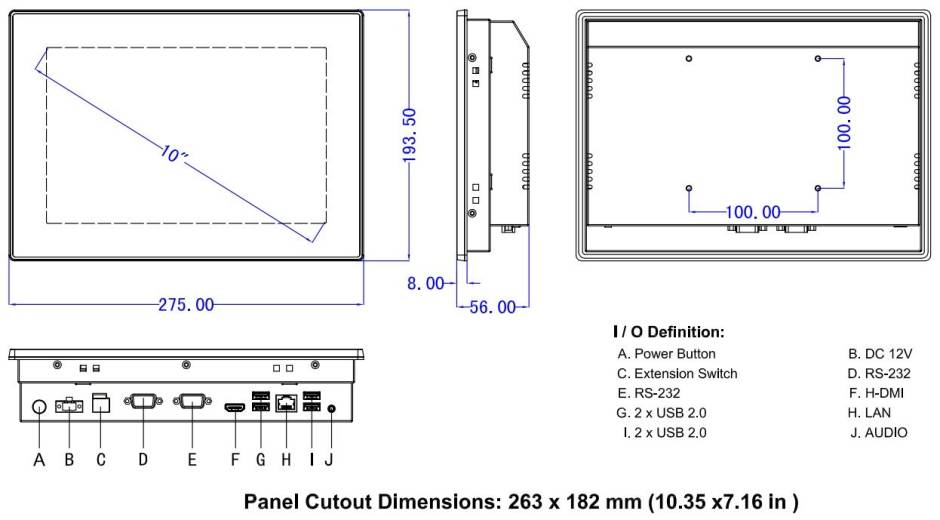 Dimensions du Panel PC industriel ANDROID IPS-PPC-R010WAC