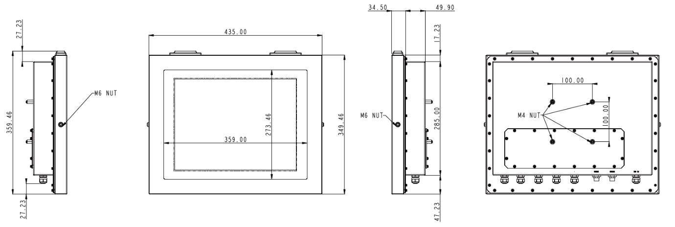 Dimensions du Panel PC antidéflagrant ATEX C1D2 WTPE-9E66-15W