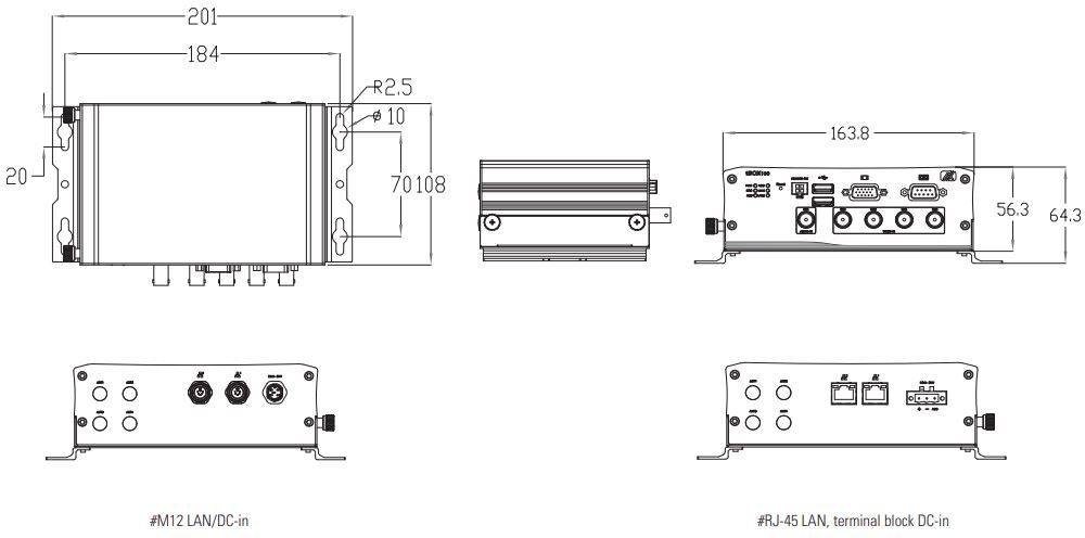 Dimensions PC Fanless industriel tBOX100-838-FL Axiomtek