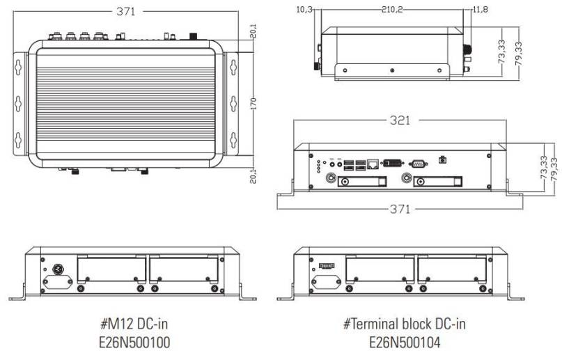 Dimensions PC embarqué sans ventilateur tBOX500-510-FL Axiomtek