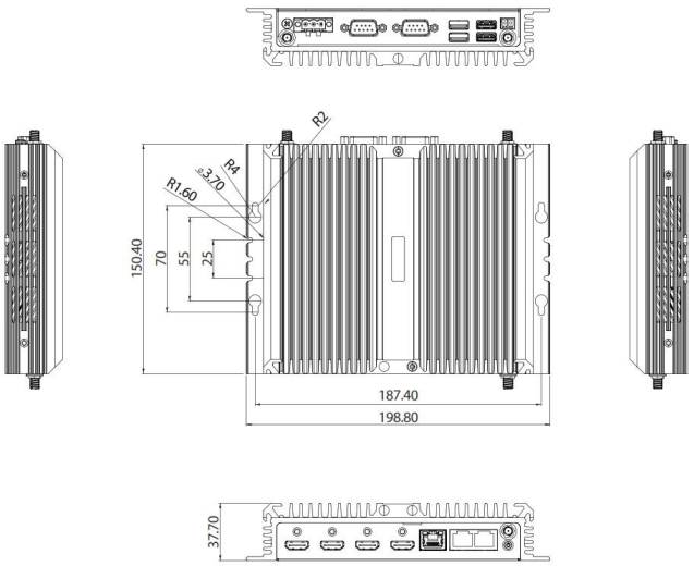 Dimensions du PC Fanless industriel Nexcom NISE 70-T01/T02/T03