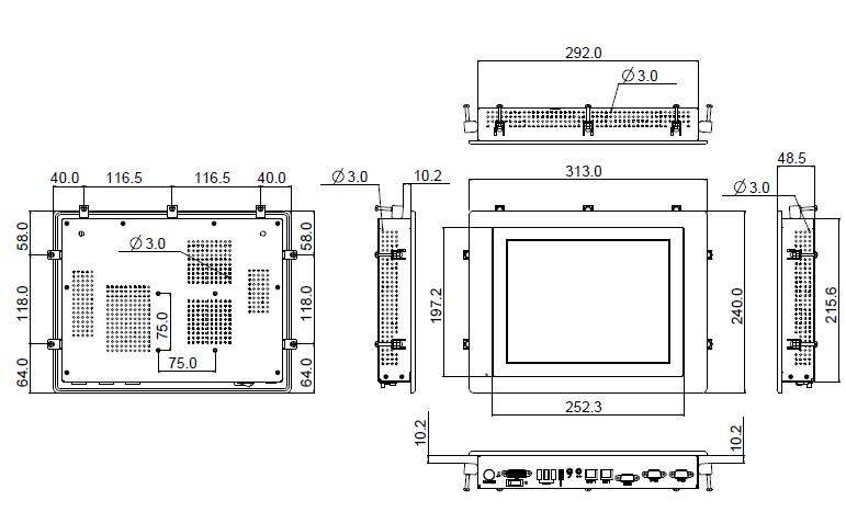 Dimensions du Panel PC waterproof WLP-7B20-10H Wincomm taille 10 pouces