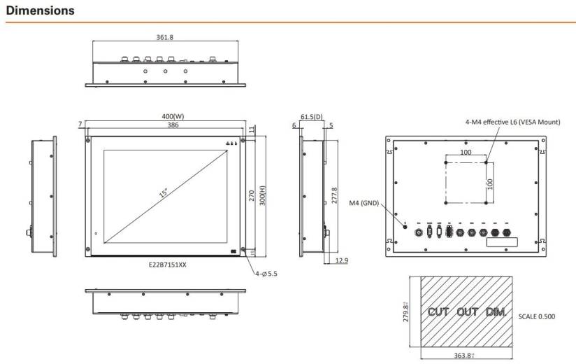 Dimensions Panel PC GOT715S Axiomtek embarqué ferroviaire