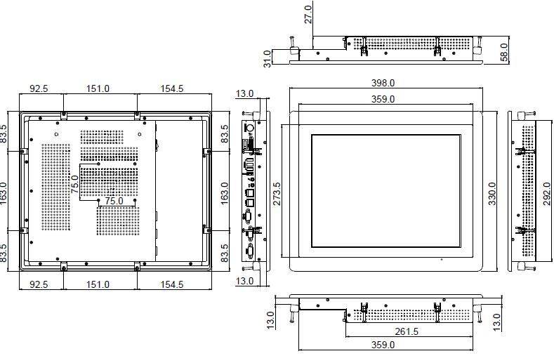Dimensions Panel PC WLP-7B20-15H Wincomm avec écran 15"