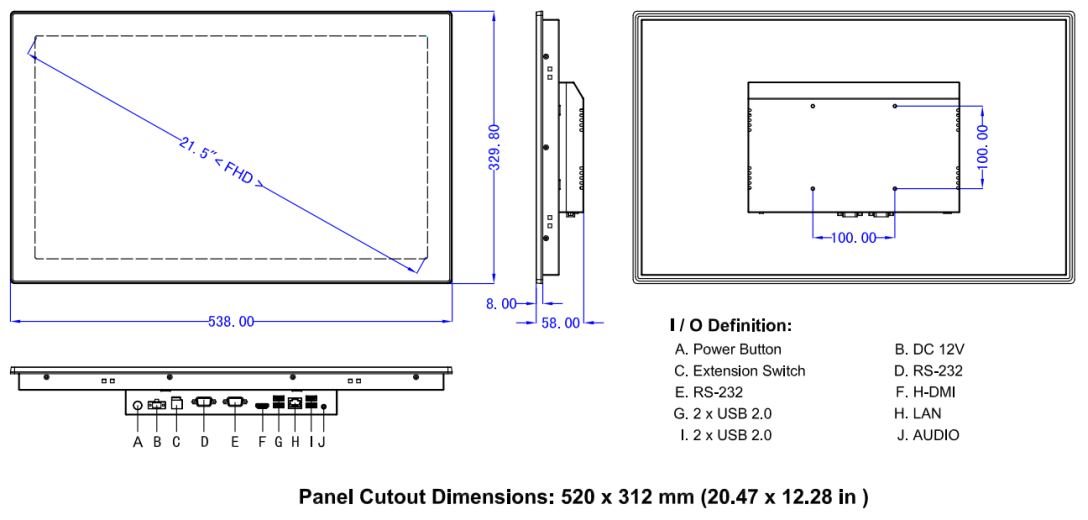 Dimensions Panel PC Innoyond PPC-R215WAC