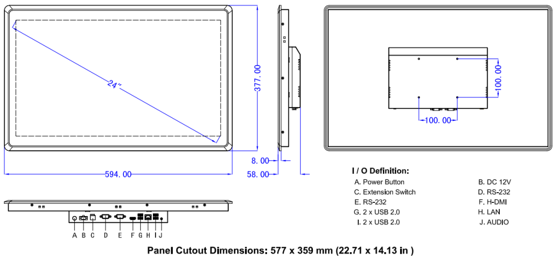 Dimensions Panel PC IPS-PPC-R024WAC Innoyond