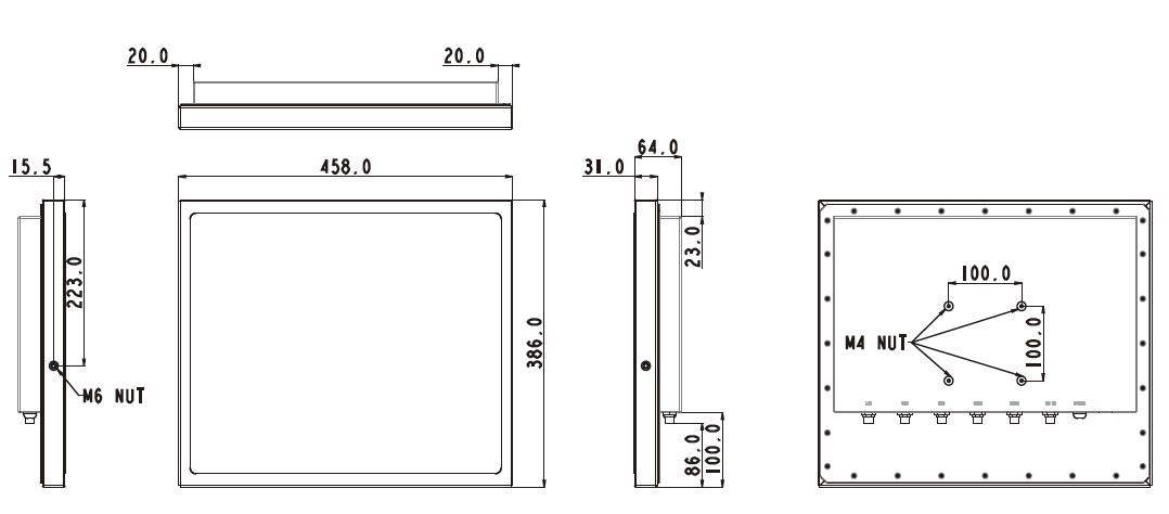 Dimensions du Panel PC waterproof IP66 et IP69K WTP-9G66-19 Wincomm