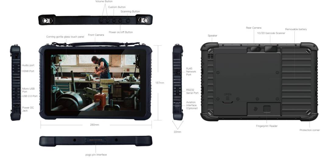 Dimensions et fonctionnalités de la tablette durcie EM-I16HH Emdoor | IP Systèmes