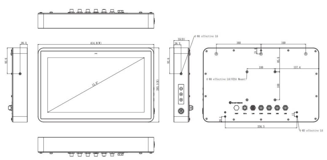 Dimensions du Panel PC anti-explosion GOT815A-TGL-WCD Axiomtek