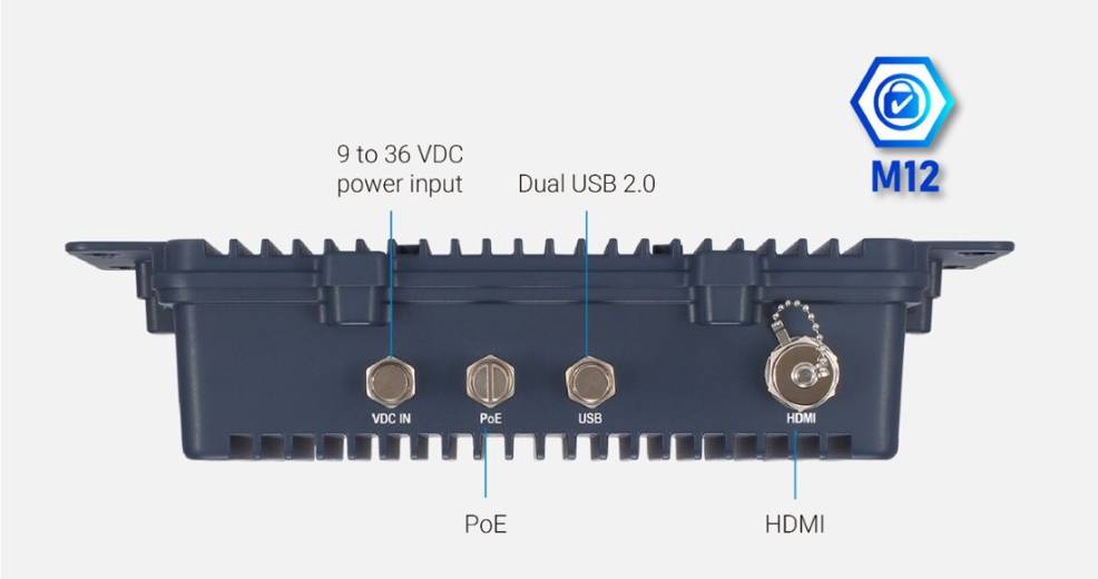 PC Fanless Edge AI AIE800-904-FL-DC Axiomtek avec connectiques M12