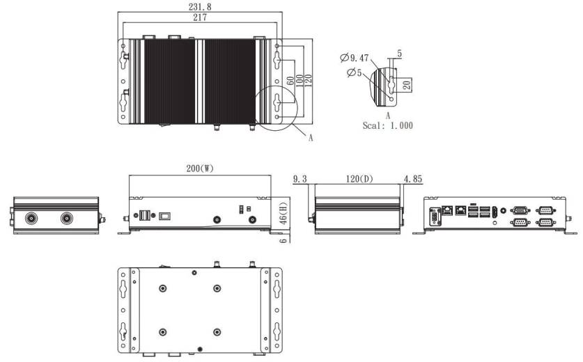 Dimensions du l'ordinateur sans ventilateur eBOX626A de chez Axiomtek