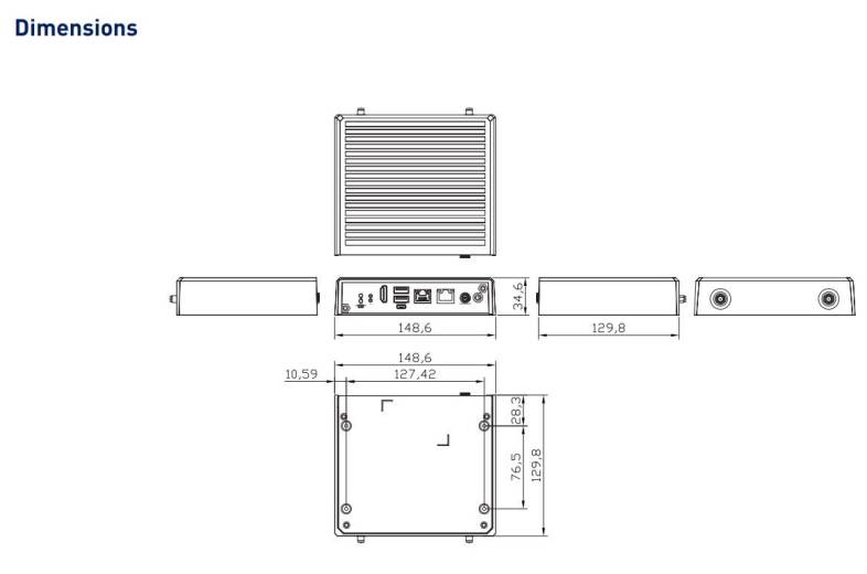 Dimensions PC Fanless Edge AI AIE100-ONX avec module NVIDIA Jetson Orin NX Axiomtek