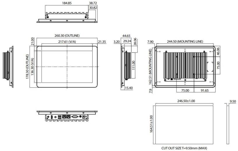 Dimensions Panel PC XPPC10-100 de chez Nexcom