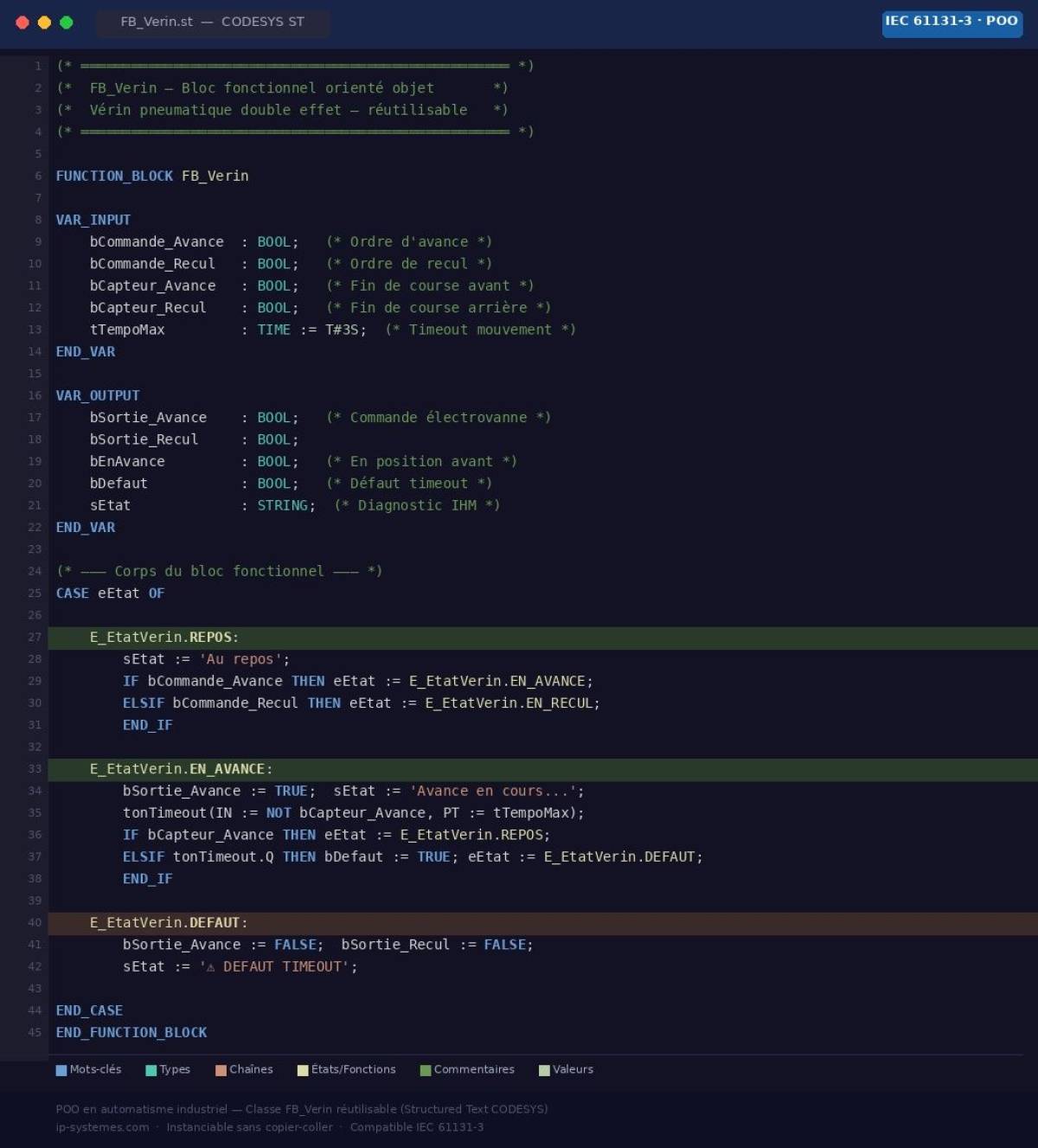 Exemple de code Structured Text CODESYS - Classe FB_Verin en programmation orientée objet