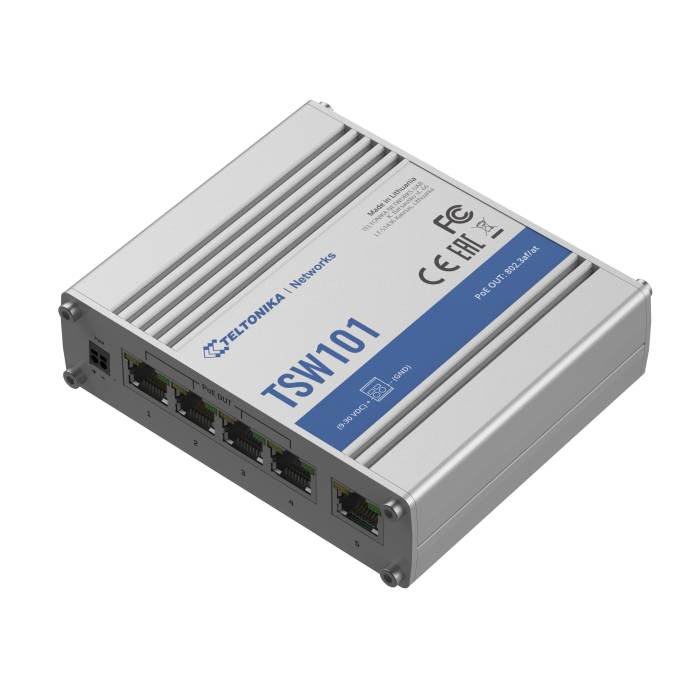 Switch industriel certifié E-Mark pour véhicule 5 ports Ethernet PoE+  gigabit alimentation 9-30 VDC TSW101 Teltonika