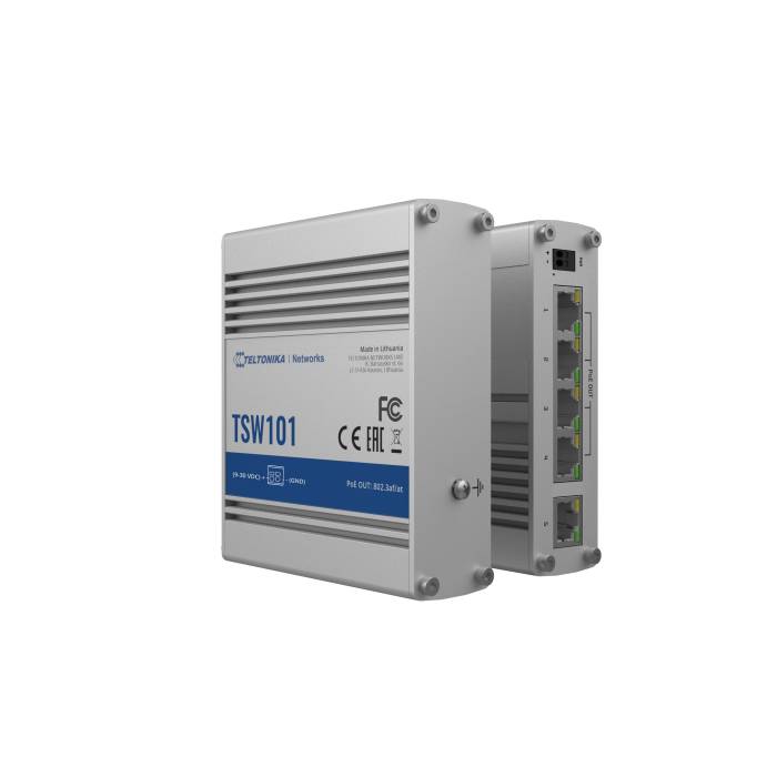 Switch industriel certifié E-Mark pour véhicule 5 ports Ethernet PoE+  gigabit alimentation 9-30 VDC TSW101 Teltonika