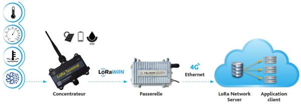 Exemple d'architecture LoRaWAN avec capteurs de températures, de pression... IP Systèmes