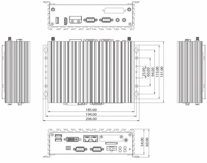 Caractéristiques techniques et dimensions et PC Fanless NISE 105 de notre partenaire Nexcom