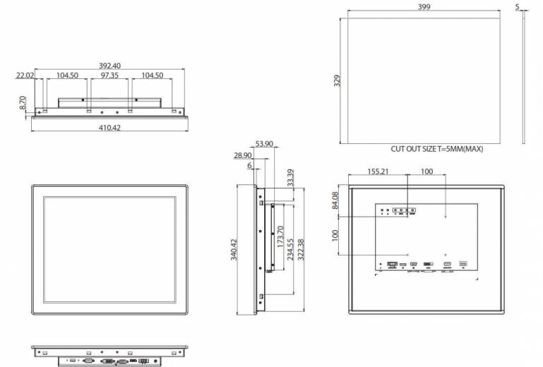 Dimensions du moniteur industriel sans ventilateur APPD 1701T de chez Nexcom