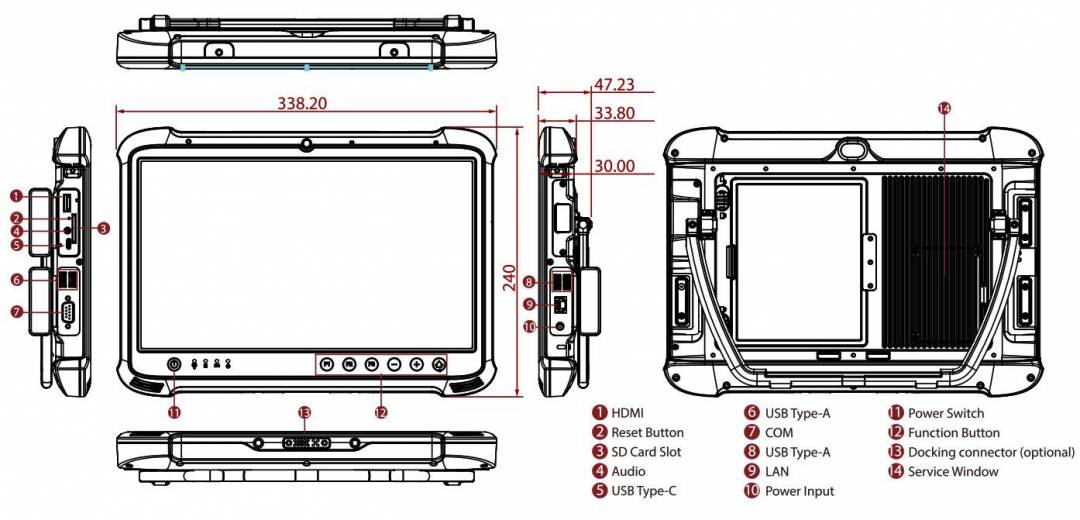 Dimensions de la tablette PC durcie M133K de chez Winmate