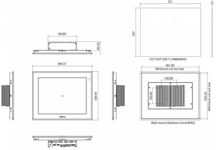 Dimensions du Panel PC Fanless industriel de chez Nexcom APPC 1550T