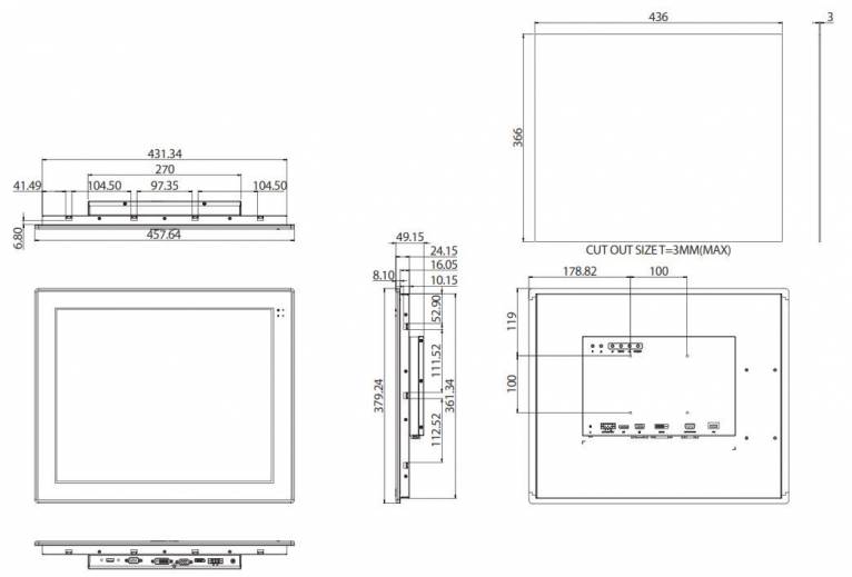 Dimensions du écran industriel 19" APPD 1901T de chez Nexcom