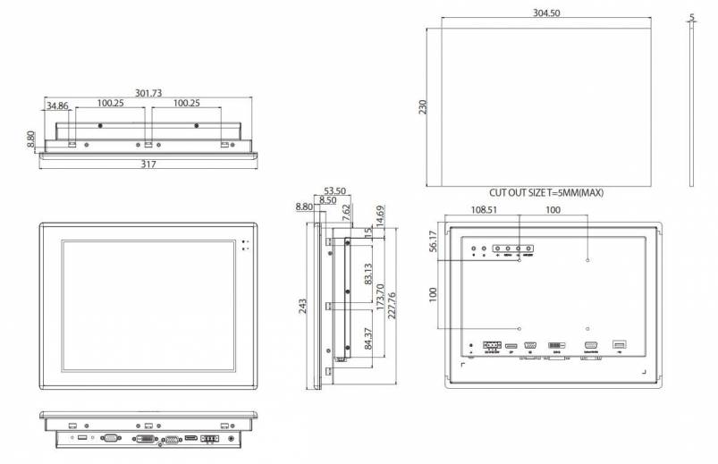 Dimensions de l'affichage industriel APPC 1206T de chez Nexcom