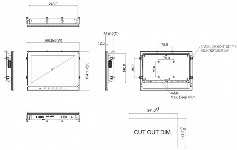 Dimensions de l'écran industriel 10,1" tactile capacitif P6103W-V3 de chez Axiomtek