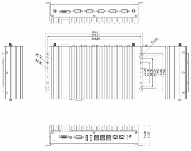 Dimensions du PC Fanless industriel NISE 4200 de chez Nexcom avec USB, Ethernet et ports COM