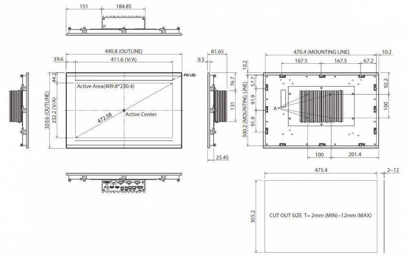 Dimensions du Panel PC industriel Fanless IPPC 1850P
