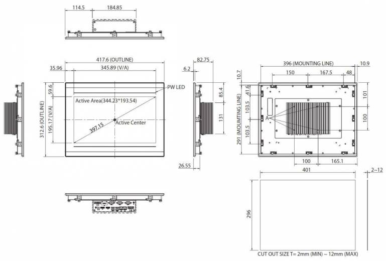Dimensions de Panel PC sans ventilateur IPPC 1650P de chez Nexcom
