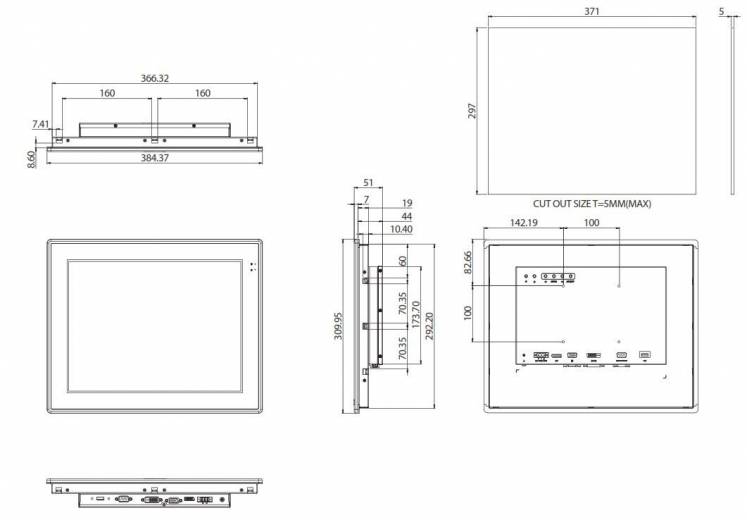 Dimensions de l'afficheur industriel fanless APPD 1501T de chez Nexcom