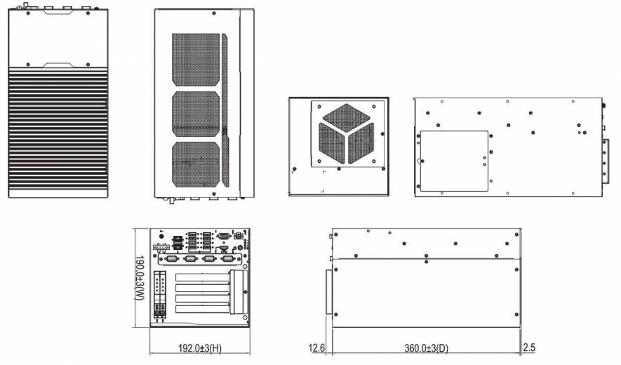 Dimensions Box PC industriel sans ventilateur IPC970 de chez Axiomtek