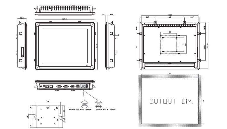 Dimensions Panel PC industriel sans ventilateur GOT5120T-834 de chez Axiomtek