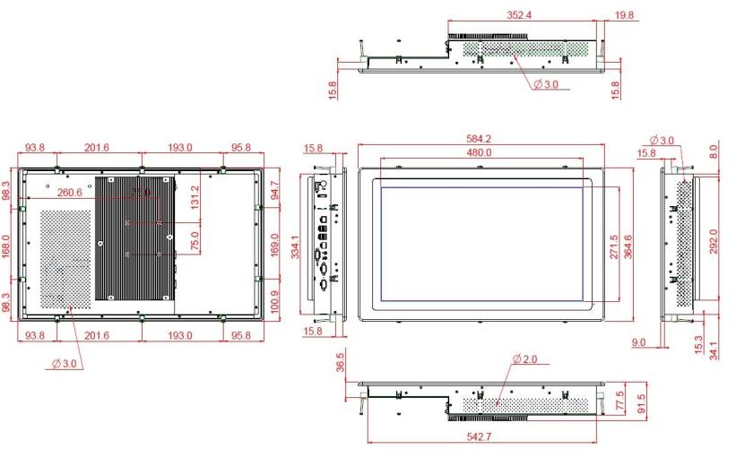 Dimensions Panel PC Wincomm WLP-7F20-22H écran 21,5" et IP66