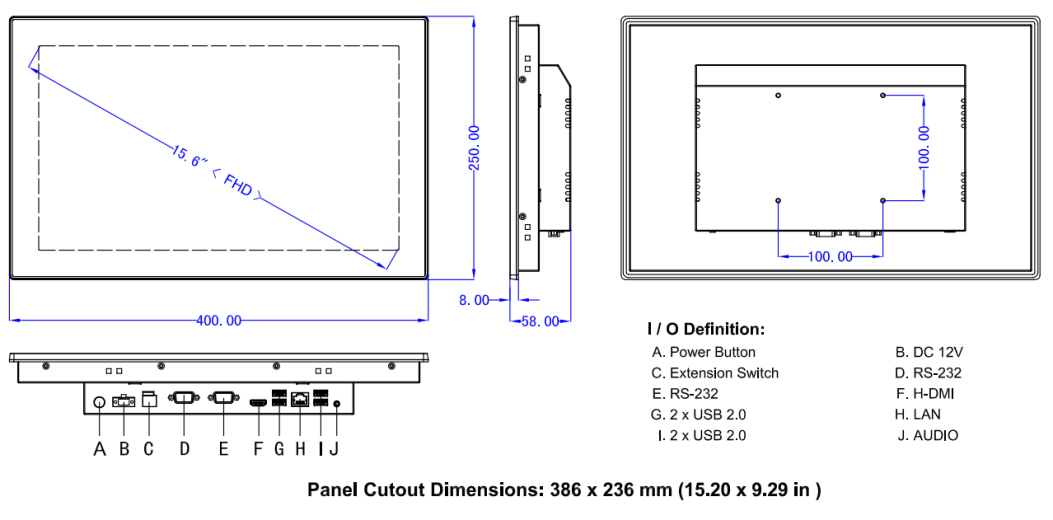 Dimensions Panel PC IPS-PPC-R156WAC Innoyond