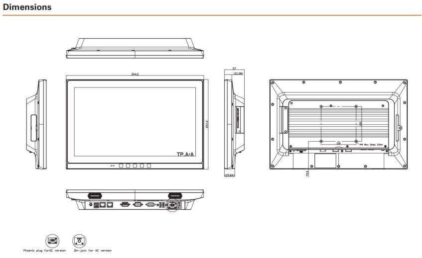 Dimensions écran industriel tactile MPC153-834 certifié FCC Class B et EN60601-1